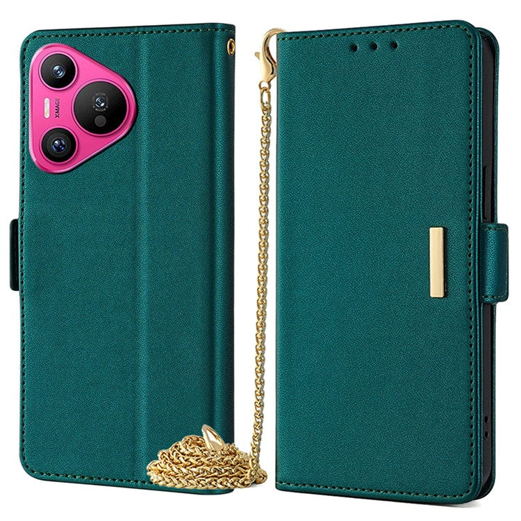 For Huawei Pura 70 Case PU Leather Wallet Stand Phone Cover with Crossbody Shoulder Strap - Green