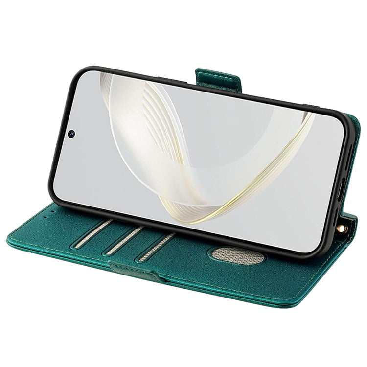 For Huawei Pura 70 Case PU Leather Wallet Stand Phone Cover with Crossbody Shoulder Strap - Green