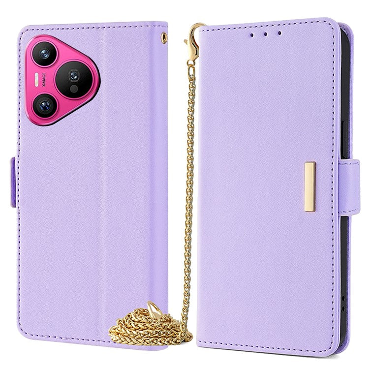 For Huawei Pura 70 Case PU Leather Wallet Stand Phone Cover with Crossbody Shoulder Strap - Purple