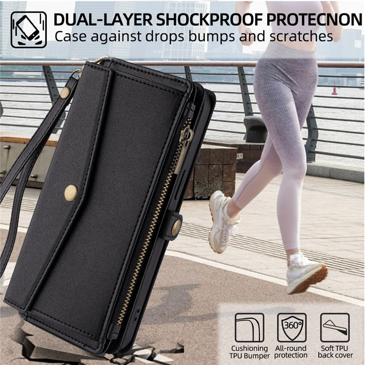 For Huawei Pura 70 Case Multiple Card Slots Zipper Wallet Anti-Drop Leather Phone Cover with 2 Straps - Black