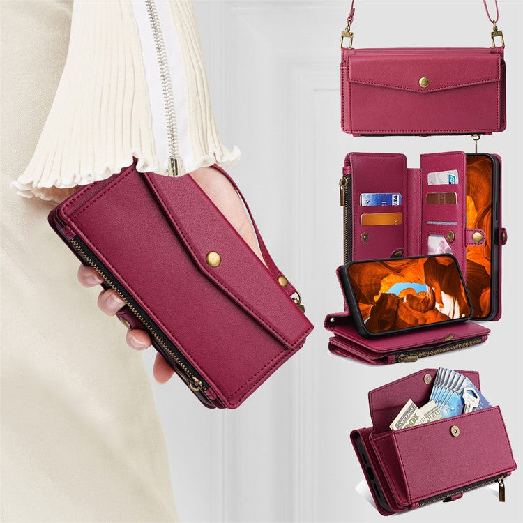 For Huawei Pura 70 Case Multiple Card Slots Zipper Wallet Anti-drop Leather Phone Cover with 2 Straps - Red