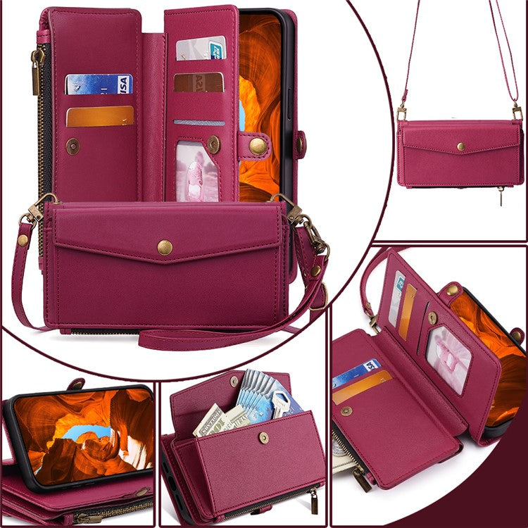 For Huawei Pura 70 Case Multiple Card Slots Zipper Wallet Anti-drop Leather Phone Cover with 2 Straps - Red