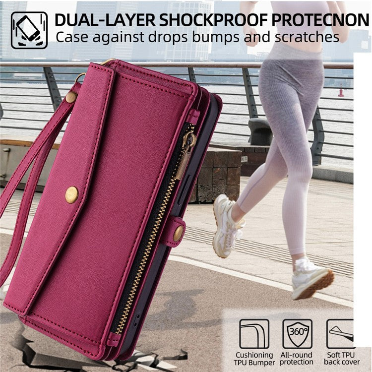 For Huawei Pura 70 Case Multiple Card Slots Zipper Wallet Anti-drop Leather Phone Cover with 2 Straps - Red