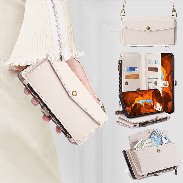 For Huawei Pura 70 Case Multiple Card Slots Zipper Wallet Anti-drop Leather Phone Cover with 2 Straps - White