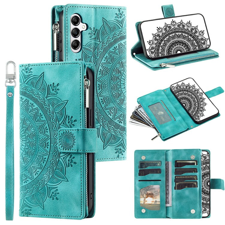 For Samsung Galaxy M55 5G / C55 5G / F55 5G Wallet Case Zipper Pocket Flip Leather Mandala Totem Phone Cover - Mint Green