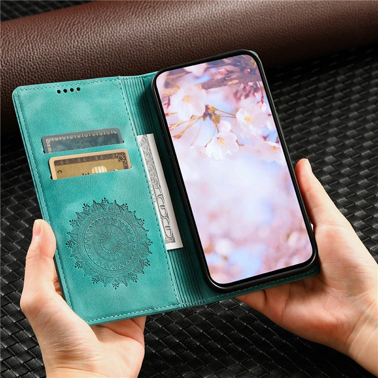 Style-010 For Samsung Galaxy M55 5G / C55 5G / F55 5G Leather Case Imprinted Magnetic Auto Closing Cell Phone Cover - Mint Green