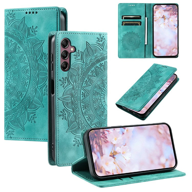Style-010 For Samsung Galaxy M55 5G / C55 5G / F55 5G Leather Case Imprinted Magnetic Auto Closing Cell Phone Cover - Mint Green