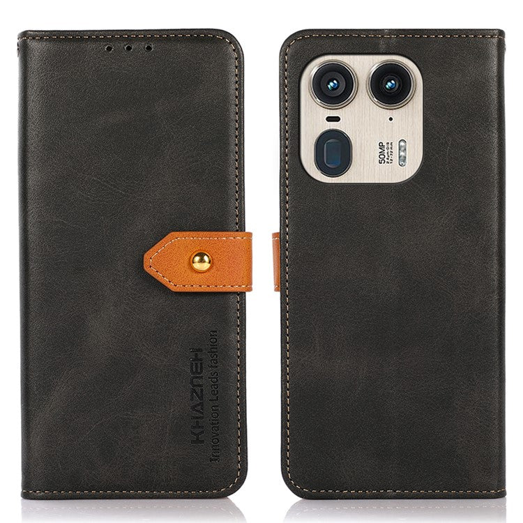 KHAZNEH For Motorola Edge 50 Ultra 5G / Moto X50 Ultra 5G Case PU Leather Phone Cover Gold Magnetic Buckle Decor - Black