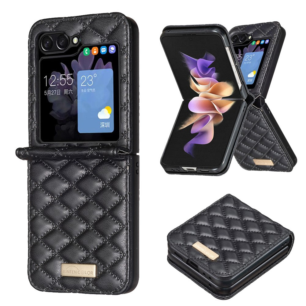 BINFEN COLOR For Samsung Galaxy Z Flip7 FE 5G / Z Flip6 5G / Z Flip5 5G Case Rhombus PU Leather Folding Phone Cover - Black