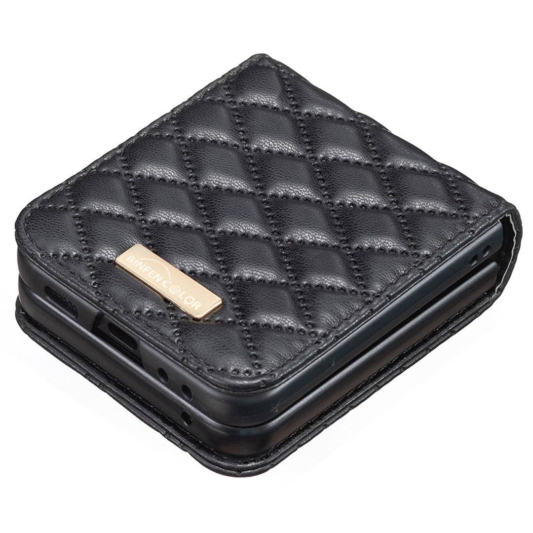 BINFEN COLOR For Samsung Galaxy Z Flip6 5G Case Rhombus PU Leather Folding Phone Cover - Black