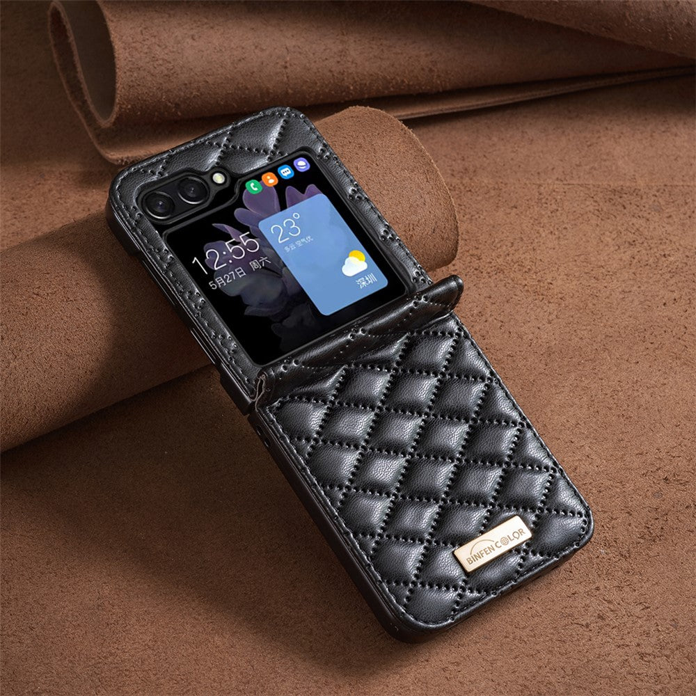 BINFEN COLOR For Samsung Galaxy Z Flip7 FE 5G / Z Flip6 5G / Z Flip5 5G Case Rhombus PU Leather Folding Phone Cover - Black