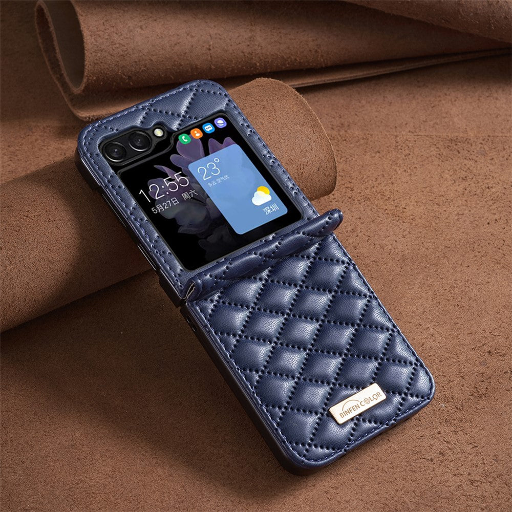 BINFEN COLOR For Samsung Galaxy Z Flip7 FE 5G / Z Flip6 5G / Z Flip5 5G Case Rhombus PU Leather Folding Phone Cover - Blue