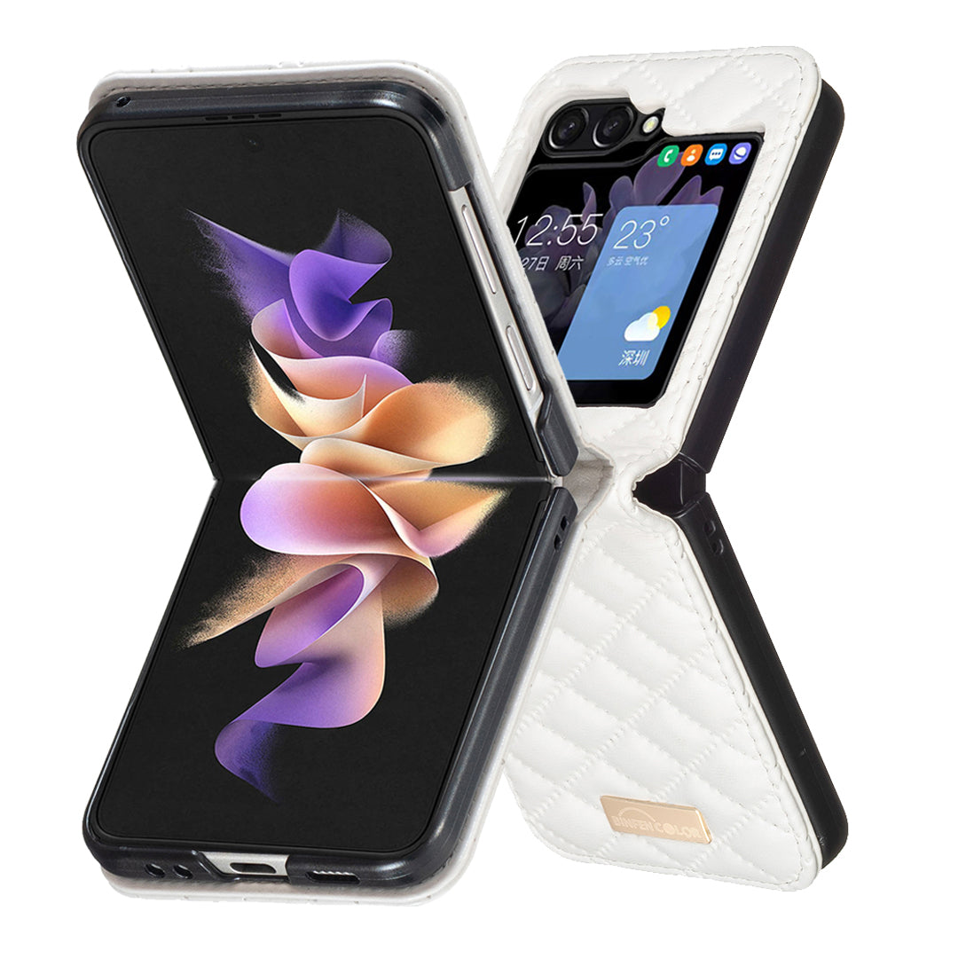 BINFEN COLOR For Samsung Galaxy Z Flip6 5G Case Rhombus PU Leather Folding Phone Cover - White