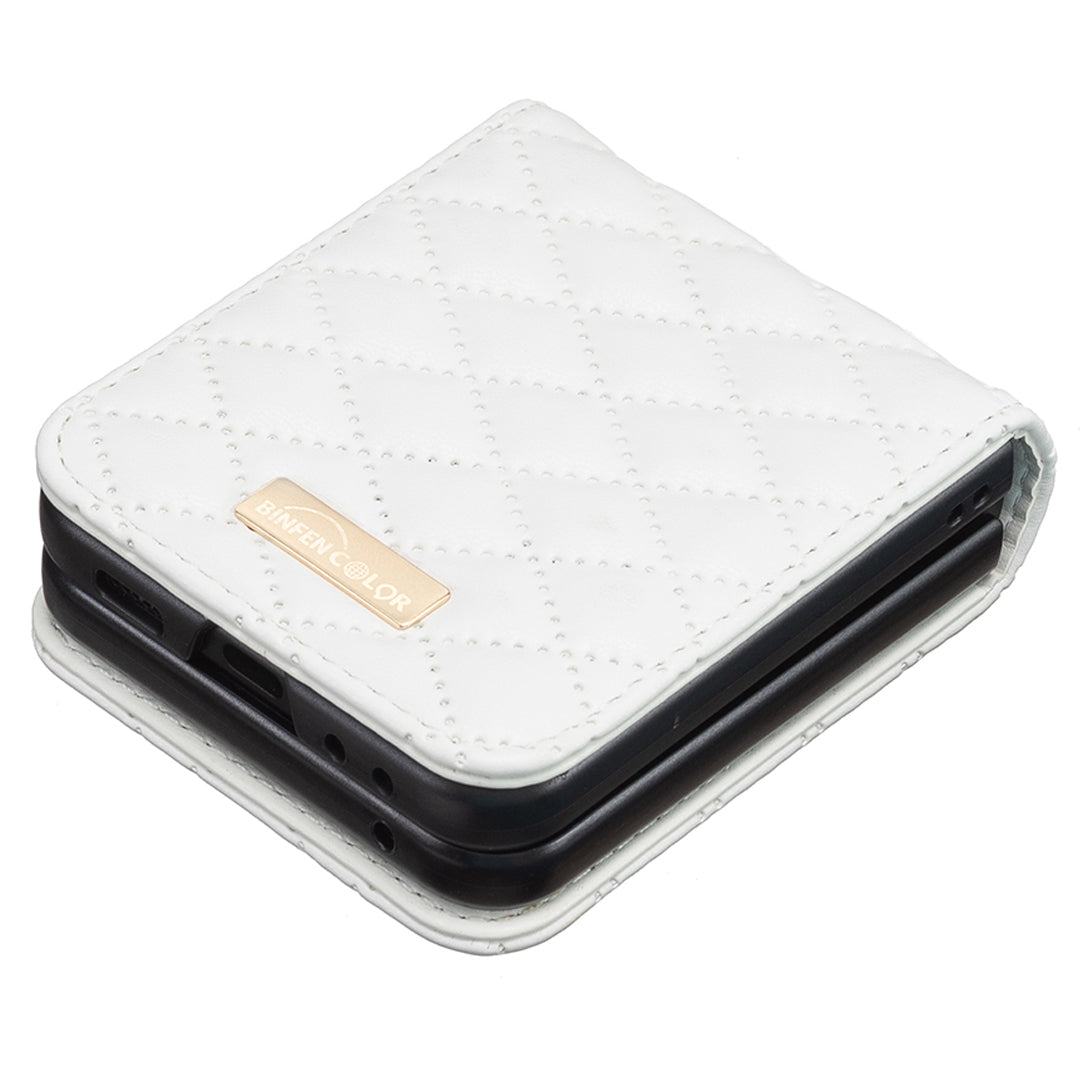 BINFEN COLOR For Samsung Galaxy Z Flip6 5G Case Rhombus PU Leather Folding Phone Cover - White