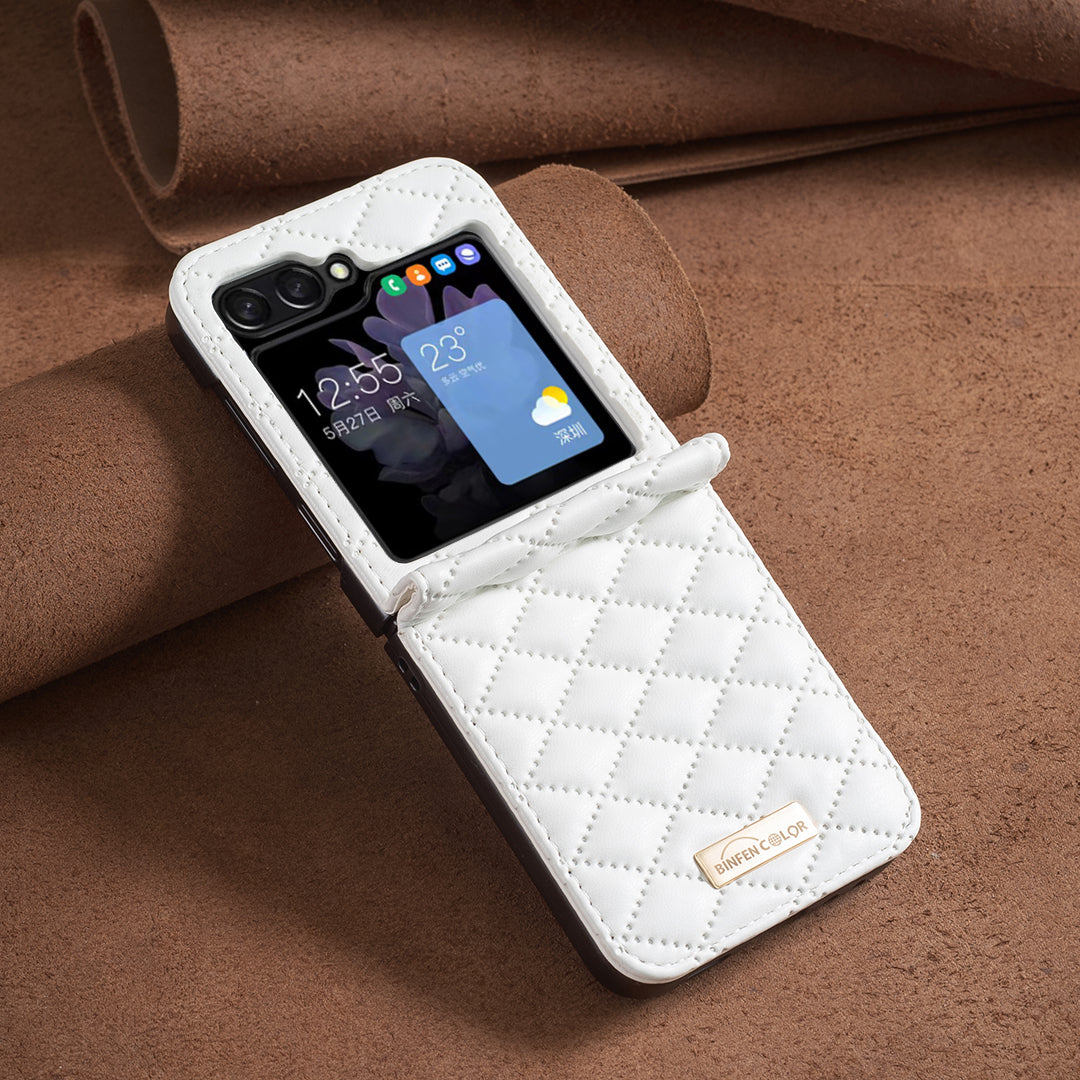 BINFEN COLOR For Samsung Galaxy Z Flip6 5G Case Rhombus PU Leather Folding Phone Cover - White