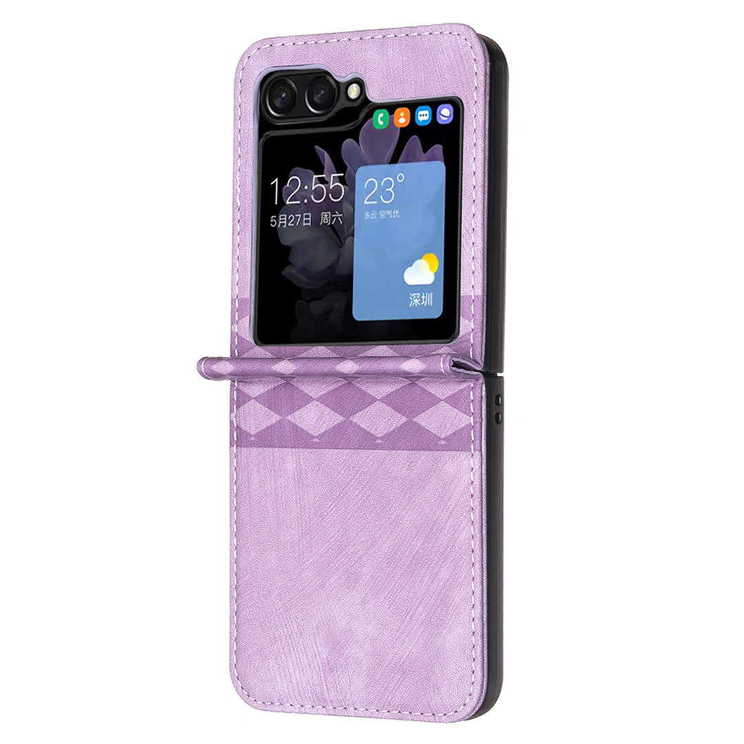 For Samsung Galaxy Z Flip6 5G Case Grid Pattern Imprint Leather Shockproof Phone Cover - Purple