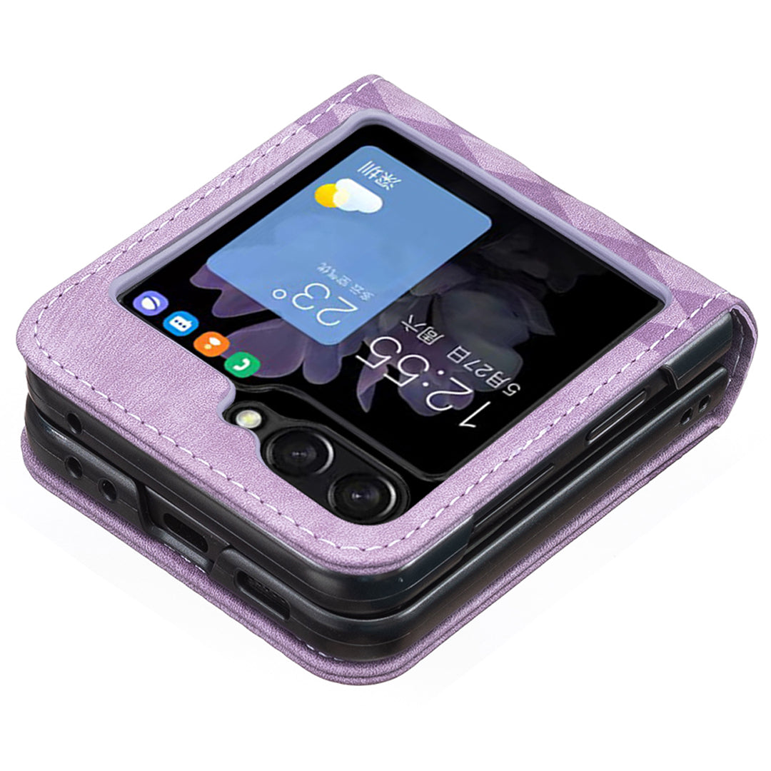 For Samsung Galaxy Z Flip6 5G Case Grid Pattern Imprint Leather Shockproof Phone Cover - Purple