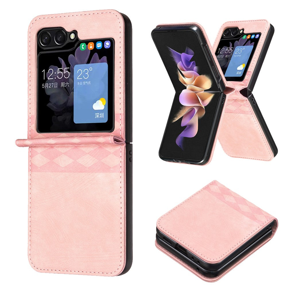 For Samsung Galaxy Z Flip7 FE 5G / Z Flip6 5G / Z Flip5 5G Case Grid Pattern Imprint Leather Shockproof Phone Cover - Pink