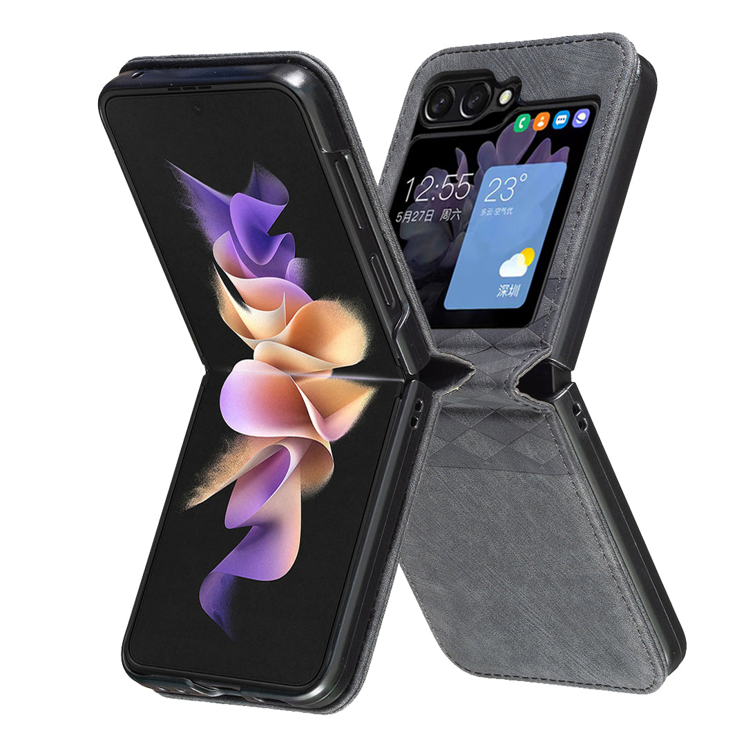 For Samsung Galaxy Z Flip6 5G Case Grid Pattern Imprint Leather Shockproof Phone Cover - Black