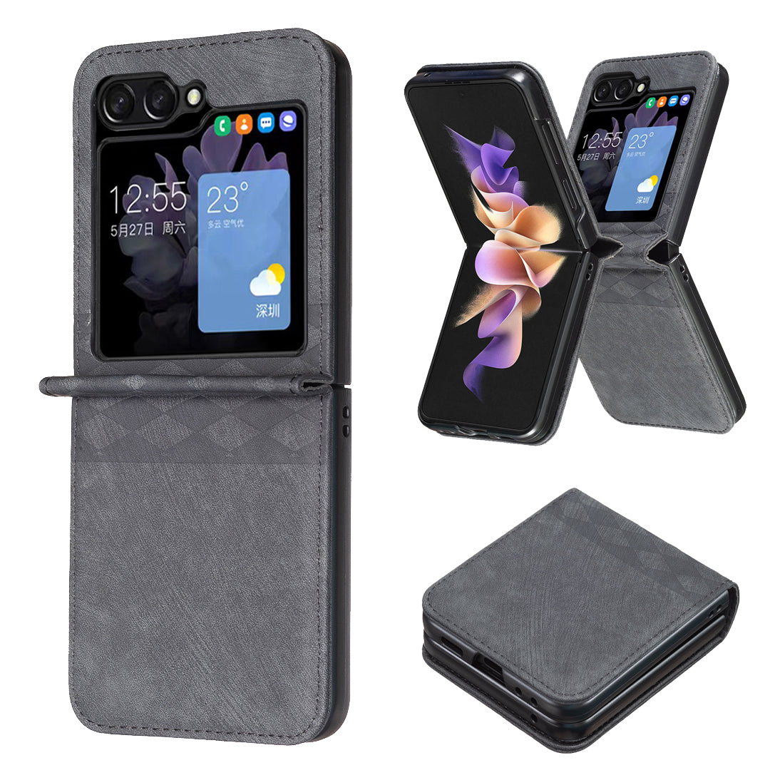 For Samsung Galaxy Z Flip6 5G Case Grid Pattern Imprint Leather Shockproof Phone Cover - Black