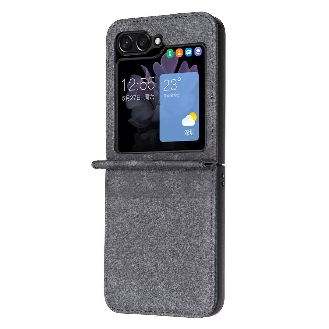 For Samsung Galaxy Z Flip6 5G Case Grid Pattern Imprint Leather Shockproof Phone Cover - Black
