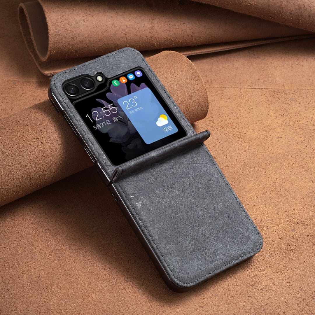For Samsung Galaxy Z Flip6 5G Case Grid Pattern Imprint Leather Shockproof Phone Cover - Black