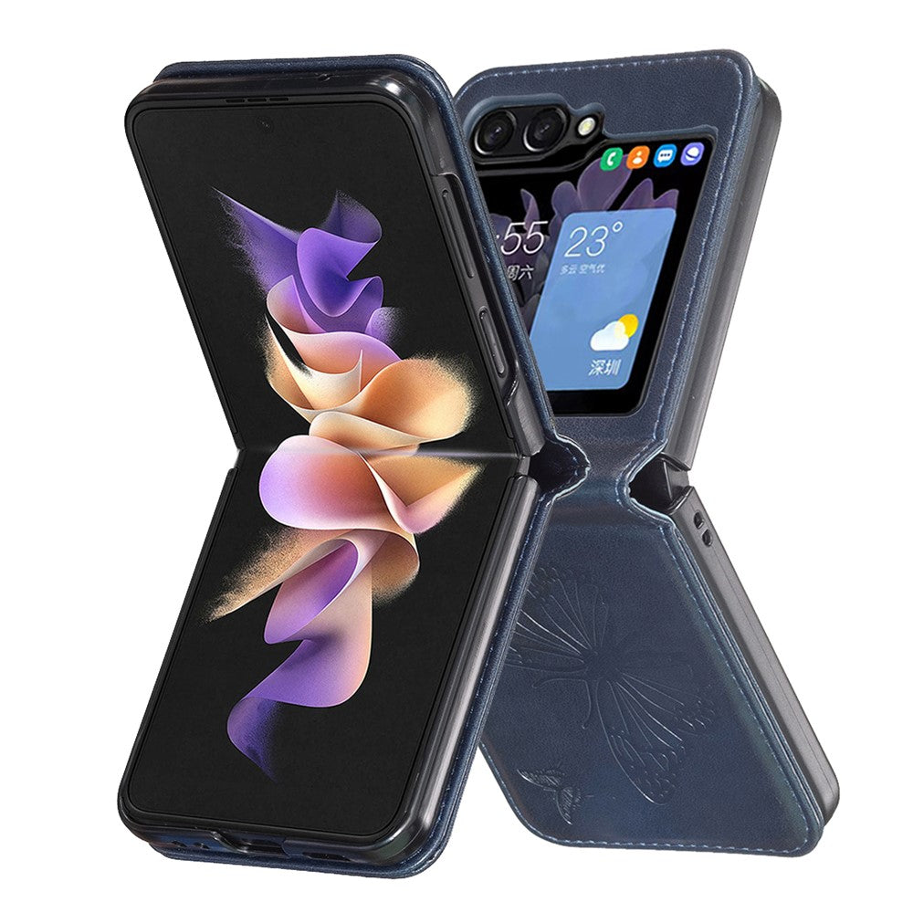 For Samsung Galaxy Z Flip7 FE 5G / Z Flip6 5G / Z Flip5 5G Case Butterfly Pattern PU Leather + PC Anti-Scratch Phone Cover - Blue