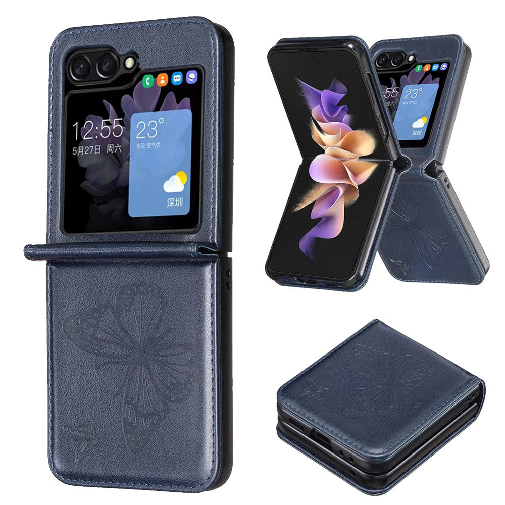 For Samsung Galaxy Z Flip7 FE 5G / Z Flip6 5G / Z Flip5 5G Case Butterfly Pattern PU Leather + PC Anti-Scratch Phone Cover - Blue