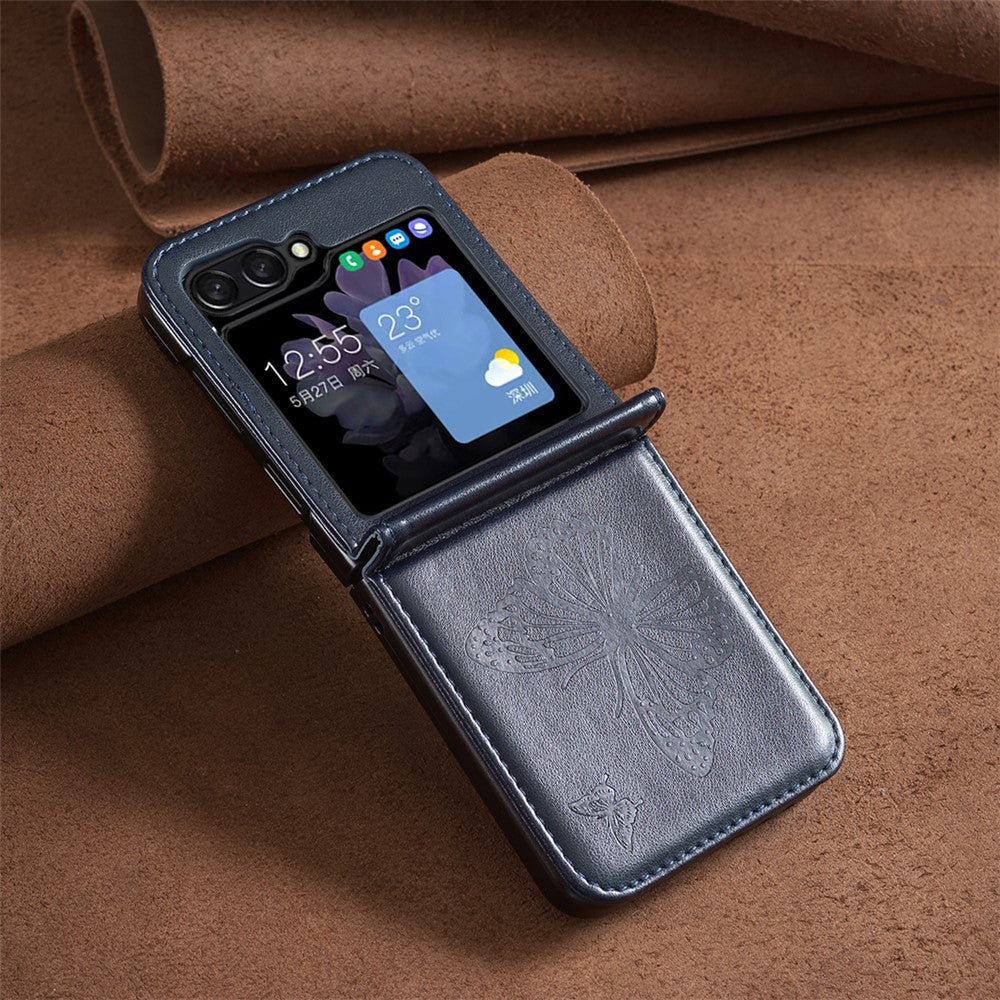 For Samsung Galaxy Z Flip7 FE 5G / Z Flip6 5G / Z Flip5 5G Case Butterfly Pattern PU Leather + PC Anti-Scratch Phone Cover - Blue