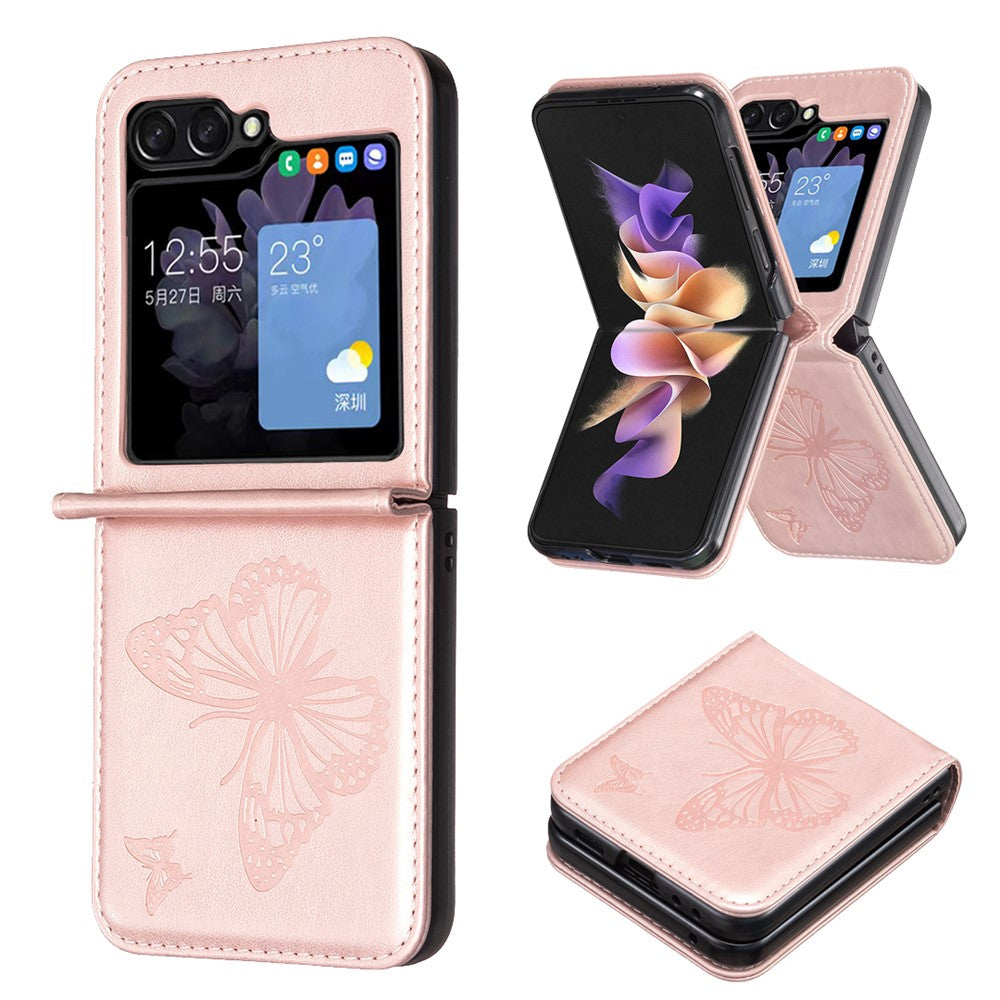 For Samsung Galaxy Z Flip7 FE 5G / Z Flip6 5G / Z Flip5 5G Case Butterfly Pattern PU Leather + PC Anti-Scratch Phone Cover - Rose Gold