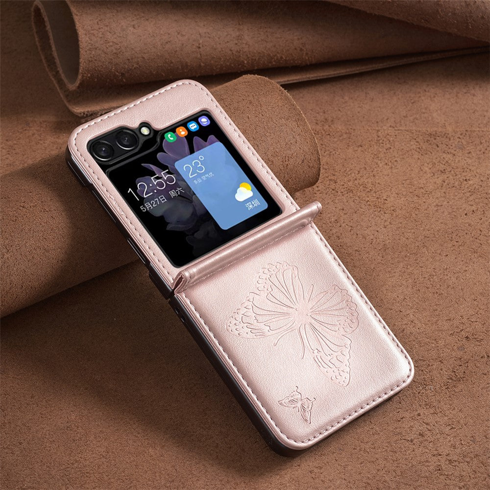For Samsung Galaxy Z Flip7 FE 5G / Z Flip6 5G / Z Flip5 5G Case Butterfly Pattern PU Leather + PC Anti-Scratch Phone Cover - Rose Gold