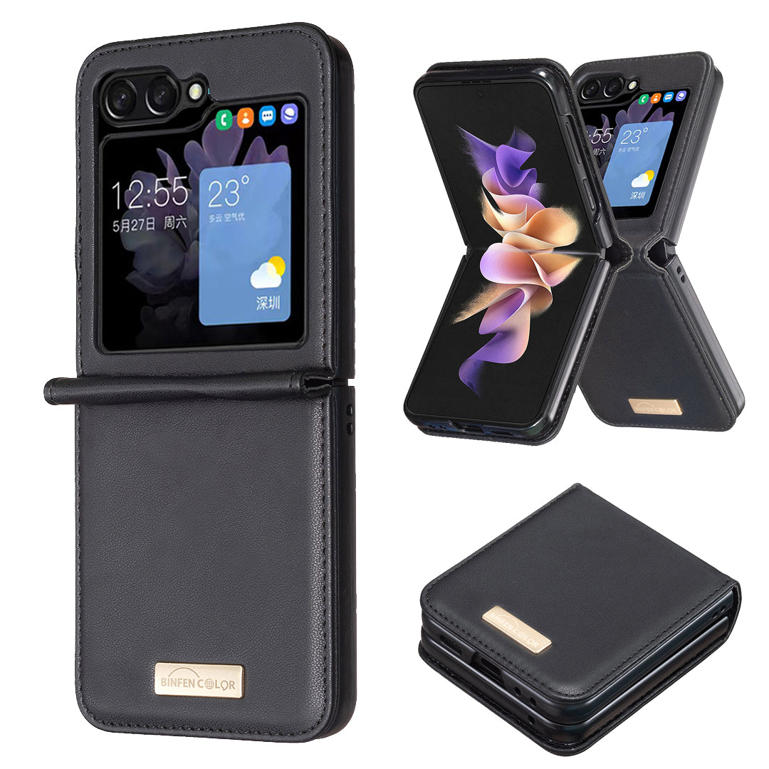 BINFEN COLOR R20 For Samsung Galaxy Z Flip6 5G Case PU Leather+PC Phone Cover - Black