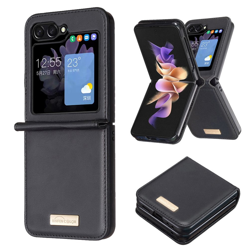 BINFEN COLOR R20 For Samsung Galaxy Z Flip7 FE 5G / Z Flip6 5G / Z Flip5 5G Case PU Leather+PC Phone Cover - Black