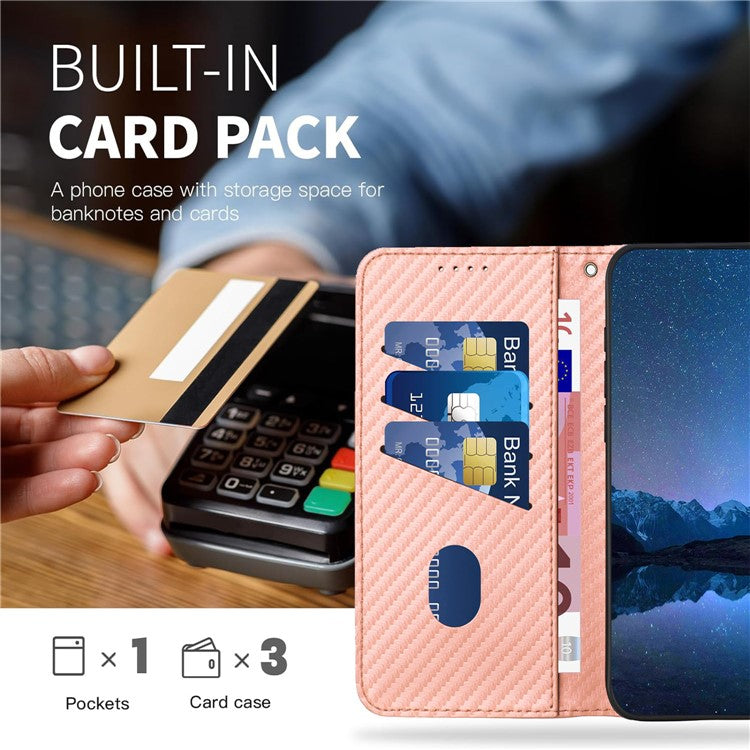 YX0070 For Samsung Galaxy M55 5G / C55 5G / F55 5G Wallet Case Carbon Fiber Texture Leather Phone Cover - Pink