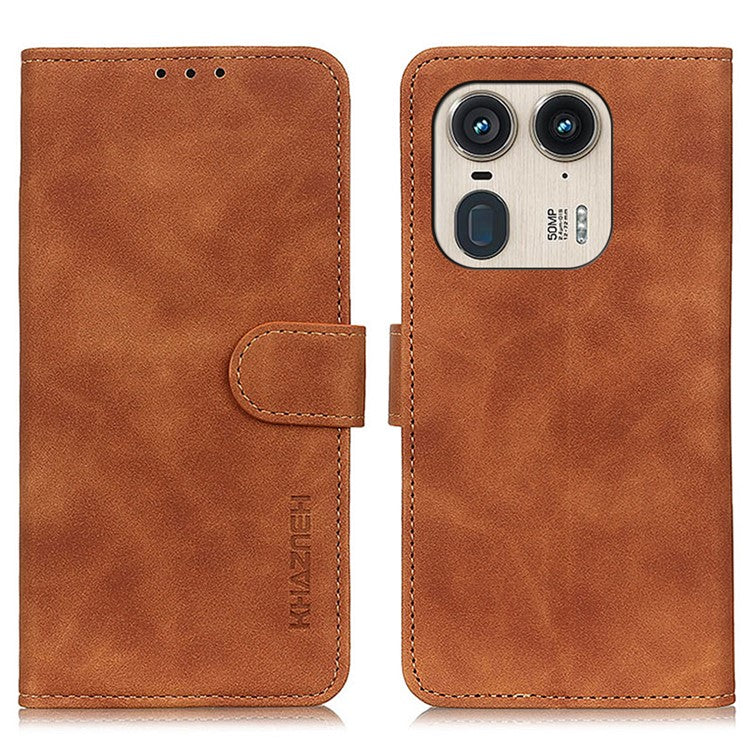 KHAZNEH For Motorola Edge 50 Ultra 5G / Moto X50 Ultra 5G Case Retro PU Leather Drop-Proof Phone Stand Cover - Brown