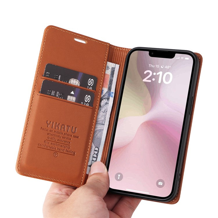 YIKATU YK-001 For iPhone 16e Case Stand Wallet PU Leather Phone Cover - Brown