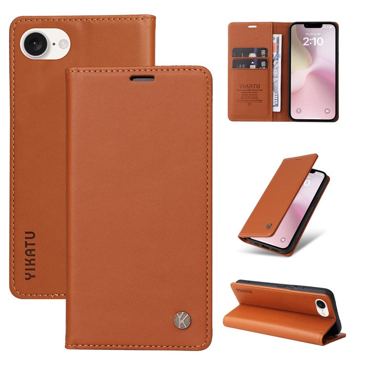 YIKATU YK-001 For iPhone 16e Case Stand Wallet PU Leather Phone Cover - Brown