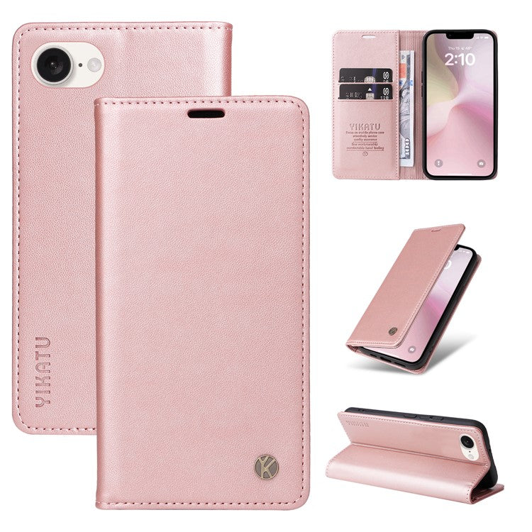 YIKATU YK-001 For iPhone 16e Case Stand Wallet PU Leather Phone Cover - Rose Gold