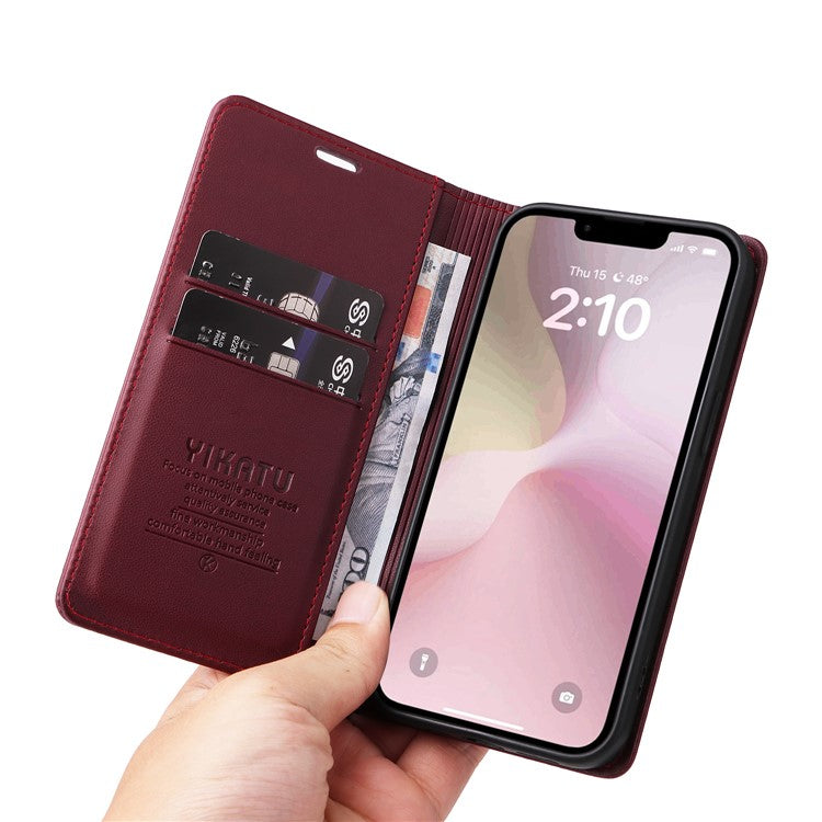 YIKATU YK-001 For iPhone 16e Case Stand Wallet PU Leather Phone Cover - Wine Red