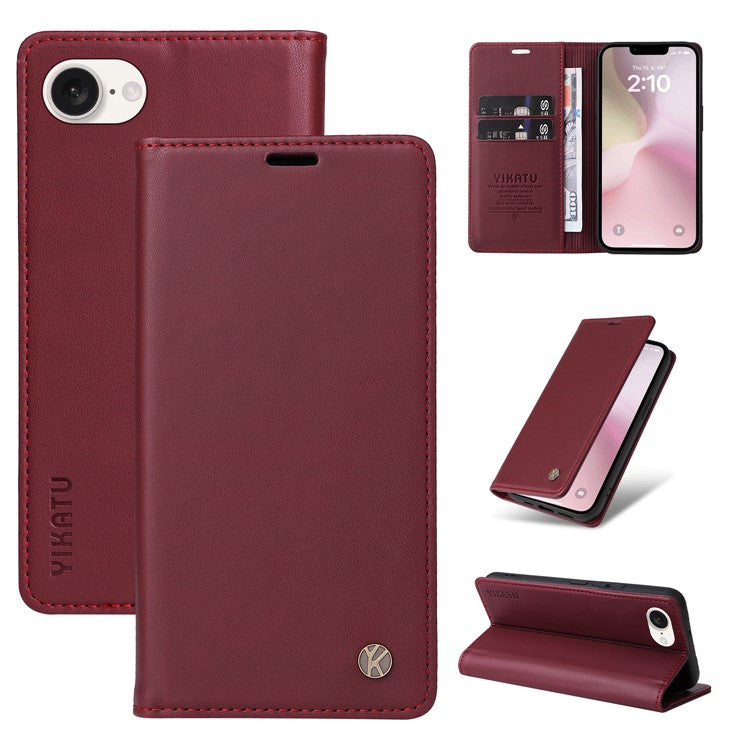 YIKATU YK-001 For iPhone 16e Case Stand Wallet PU Leather Phone Cover - Wine Red