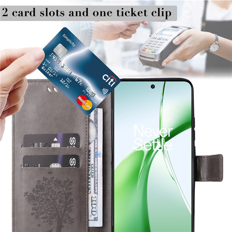 KT Imprinting Flower Series-3 For OnePlus Nord CE4 5G Wallet Case Tree Pattern Leather Phone Stand Cover - Grey
