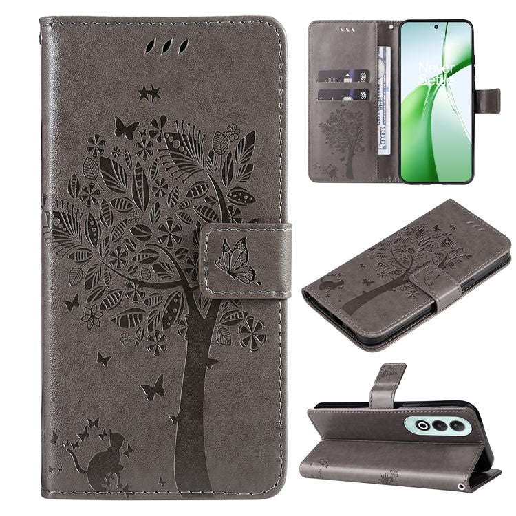 KT Imprinting Flower Series-3 For OnePlus Nord CE4 5G Wallet Case Tree Pattern Leather Phone Stand Cover - Grey