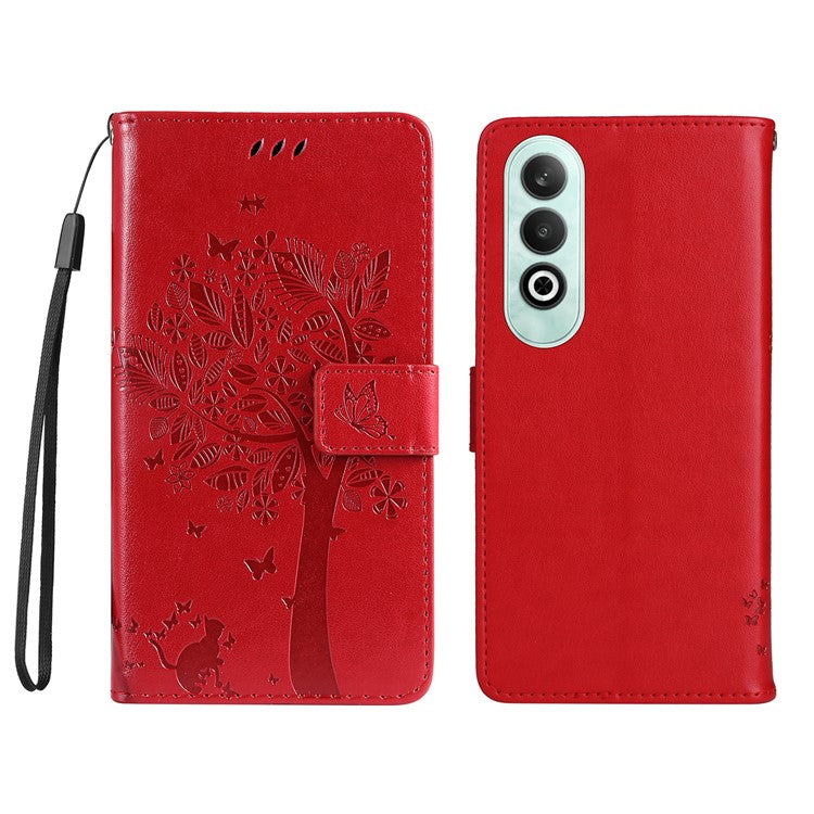 KT Imprinting Flower Series-3 For OnePlus Nord CE4 5G Wallet Case Tree Pattern Leather Phone Stand Cover - Red