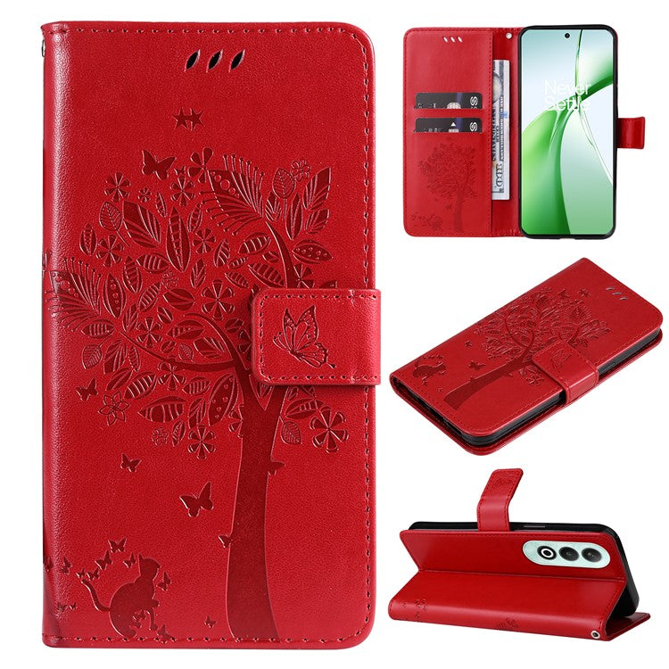 KT Imprinting Flower Series-3 For OnePlus Nord CE4 5G Wallet Case Tree Pattern Leather Phone Stand Cover - Red