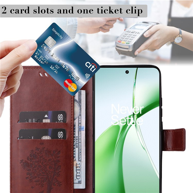 KT Imprinting Flower Series-3 For OnePlus Nord CE4 5G Wallet Case Tree Pattern Leather Phone Stand Cover - Coffee