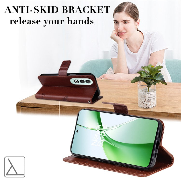 KT Imprinting Flower Series-3 For OnePlus Nord CE4 5G Wallet Case Tree Pattern Leather Phone Stand Cover - Coffee