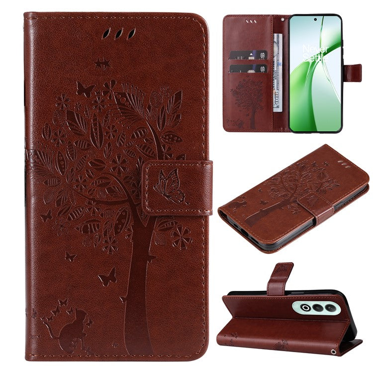 KT Imprinting Flower Series-3 For OnePlus Nord CE4 5G Wallet Case Tree Pattern Leather Phone Stand Cover - Coffee