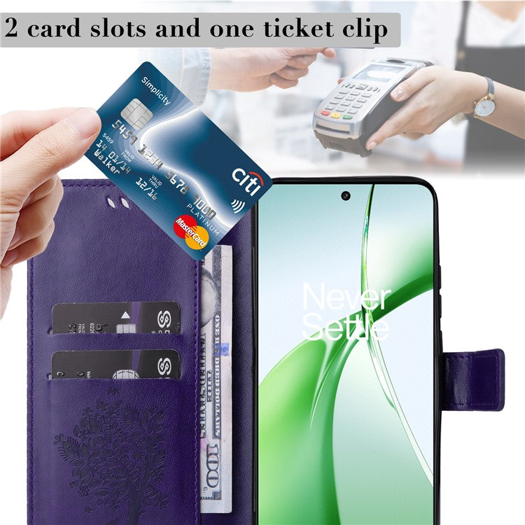 KT Imprinting Flower Series-3 For OnePlus Nord CE4 5G Wallet Case Tree Pattern Leather Phone Stand Cover - Dark Purple