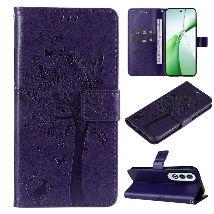 KT Imprinting Flower Series-3 For OnePlus Nord CE4 5G Wallet Case Tree Pattern Leather Phone Stand Cover - Dark Purple