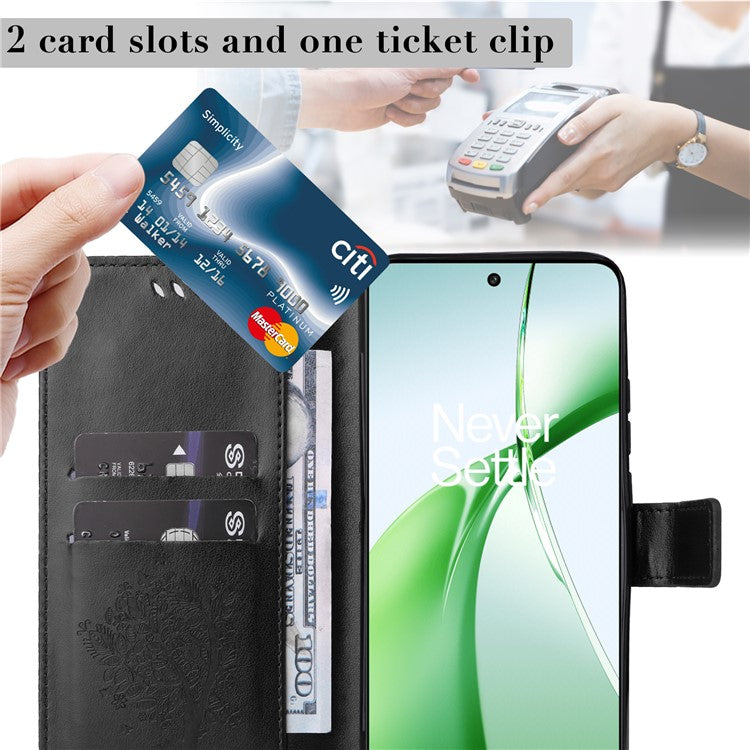 KT Imprinting Flower Series-3 For OnePlus Nord CE4 5G Wallet Case Tree Pattern Leather Phone Stand Cover - Black